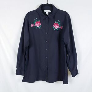 Coolibar Button Up Shirt Womens XL Floral Embroidery UPF Vented Gray Nylon